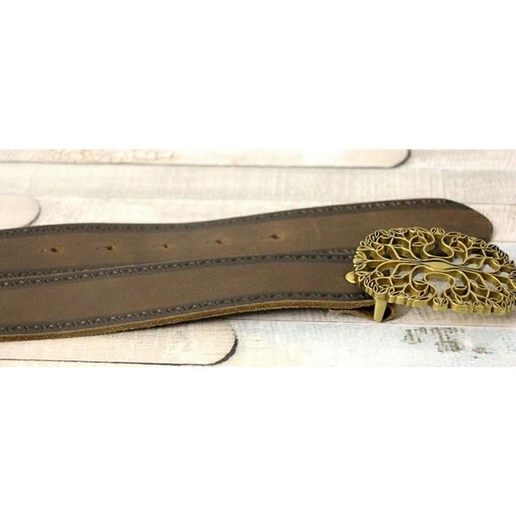 BROWN GENUINE LEATHER HOOK BUCKLE EMBOSSED CASUAL 1.5"Wd WOMEN'S BELT S/M (M37 - Picture 6 of 9